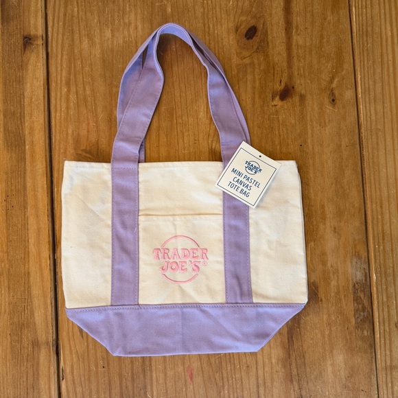 Trader Joe’s Handbags - MINI NWT Trader Joe’s Mini Canvas Reusable Tote Bag - Cream with Lavender Straps